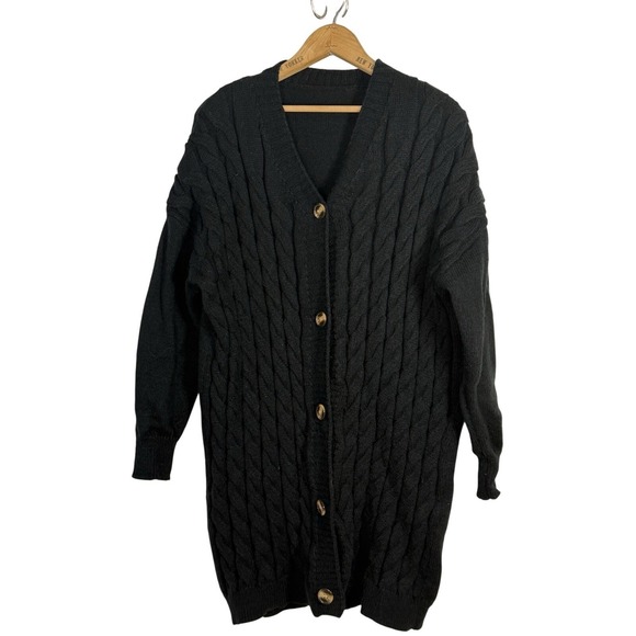 Sweaters - 2XL Button Front Open Cable Knit Long Sleeve Cardigan Black